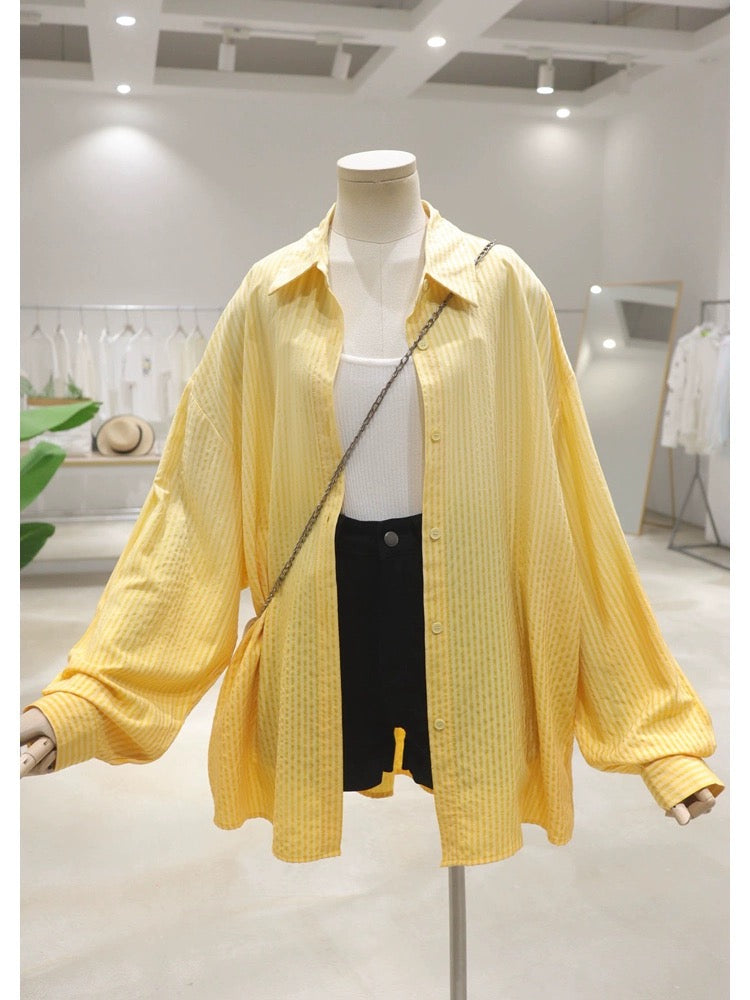 Soft and glutinous texture gradient color 2024 summer loose slim medium and long hip striped long-sleeved shirt for women