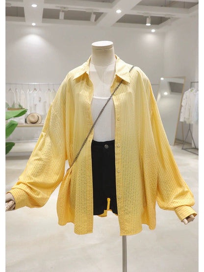 Soft and glutinous texture gradient color 2024 summer loose slim medium and long hip striped long-sleeved shirt for women