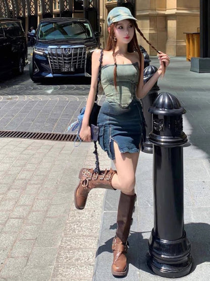 Temperament hot girl skirt 2023 summer new design sense niche fashion waist tube top bag hip denim dress female