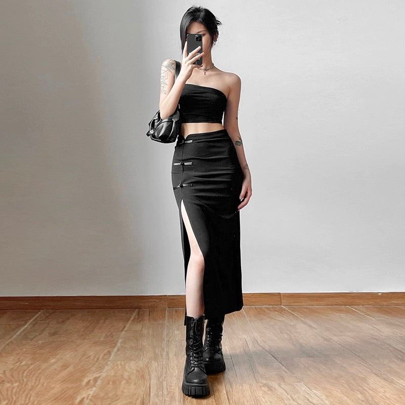 KLIOU New Chinese style retro buckle slit black skirt for women with pleated slimming hip mid-length skirt