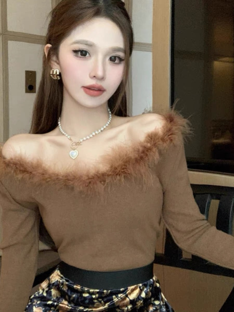 Autumn pure lust hottie sexy one-shoulder fur collar stitching long-sleeved T-shirt top women's short inner layering shirt