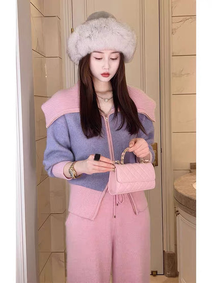 2023 Autumn and Winter New Women's Clothing Royal Sister Style Korean Drama Sweater Small Fragrance Style Lady's Wide-leg Pants Two-piece Suit (V5512)