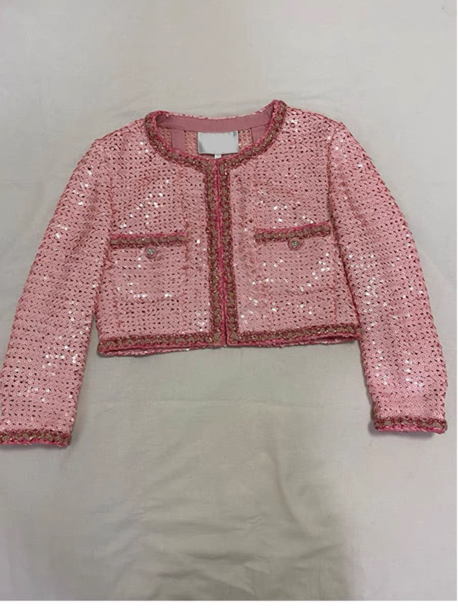 2023 Early Autumn New Pink Full Glitter Sequins Socialite Small Fragrance Style Jacket Women's Round Neck Double Pocket Short Top
