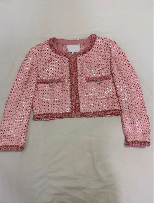 2023 Early Autumn New Pink Full Glitter Sequins Socialite Small Fragrance Style Jacket Women's Round Neck Double Pocket Short Top