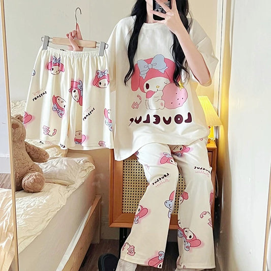 Pajamas women's short-sleeved trousers summer cotton thin junior high school students 13 girls big children cartoon cute three-piece set