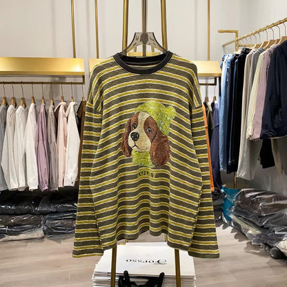 [Real-life shot from Xiao Ai's stall] Striped long-sleeve top featuring a puppy motif—American retro, loose, casual, and laid-back style with contrasting color stripes.