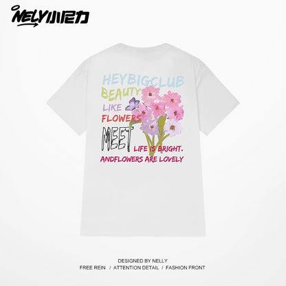 Nely American floral letter print short-sleeved T-shirt for men and women summer loose versatile casual couple tops