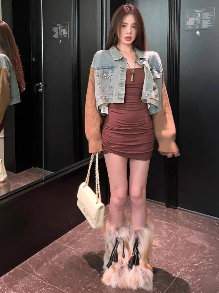 Qiu Rouyao's new Korean style retro long-sleeved short style fashionable slim niche temperament high-end denim jacket for women (J0139)