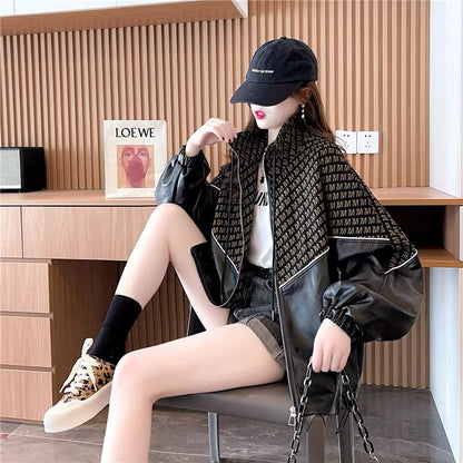 Fashionable design niche stitching leather jacket for women 2023 autumn lazy style Korean style loose cardigan top trend (S0511)