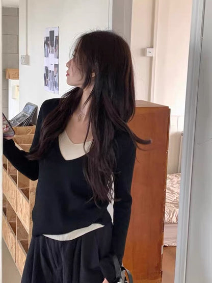 Designed V-neck fake two-piece patchwork sweater for women 2023 autumn and winter Korean slim-fitting casual top (D6662)
