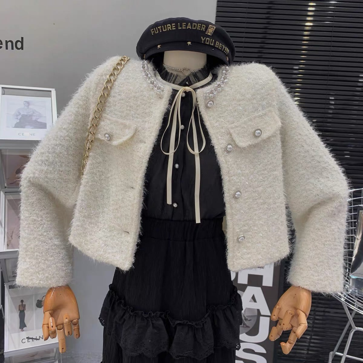 French style wealthy daughter's temperament heavy beaded single-breasted tweed high-end loose and versatile jacket for women