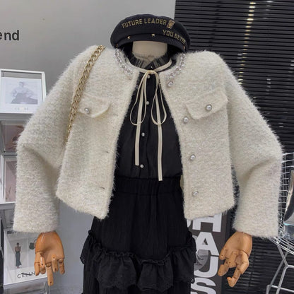 French style wealthy daughter's temperament heavy beaded single-breasted tweed high-end loose and versatile jacket for women