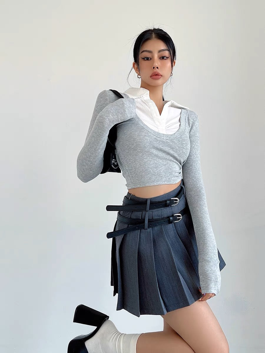 liviahome college style shirt collar fake two-piece top for women autumn hot girl tight short navel-baring long-sleeved T-shirt (T196)
