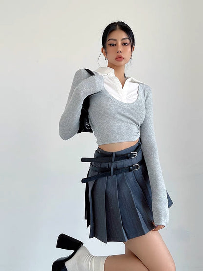liviahome college style shirt collar fake two-piece top for women autumn hot girl tight short navel-baring long-sleeved T-shirt (T196)