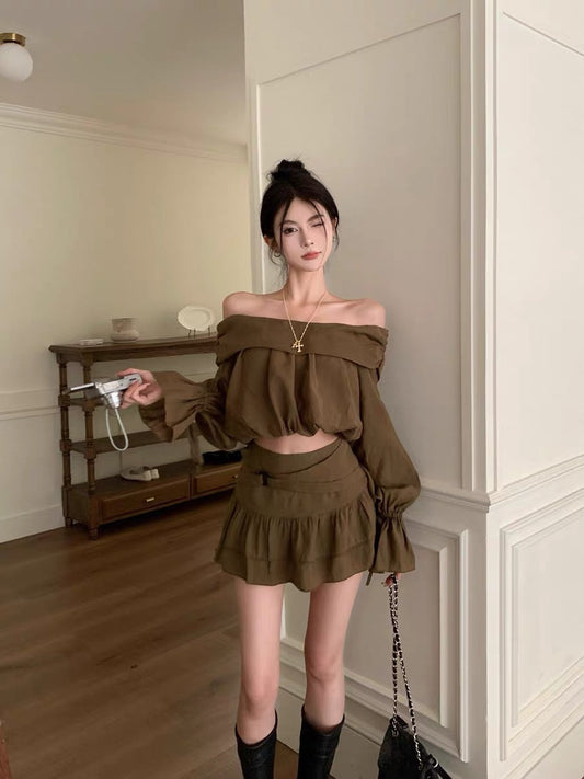 Retro sweet girl suit one-shoulder long-sleeved loose top for women autumn ruffled a-line skirt two-piece set