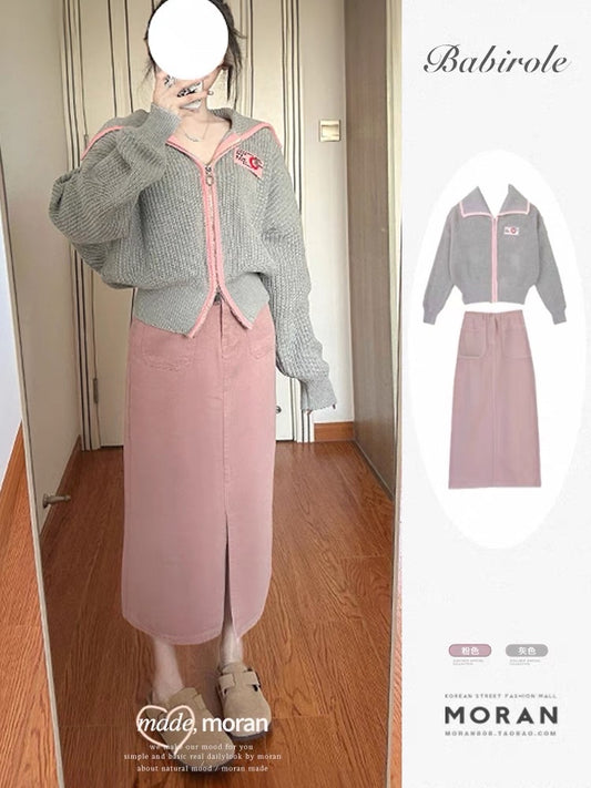 Milk fufu sweet wear a whole set of sweater coat large lapel cardigan skirt slimming two-piece suit autumn and winter
