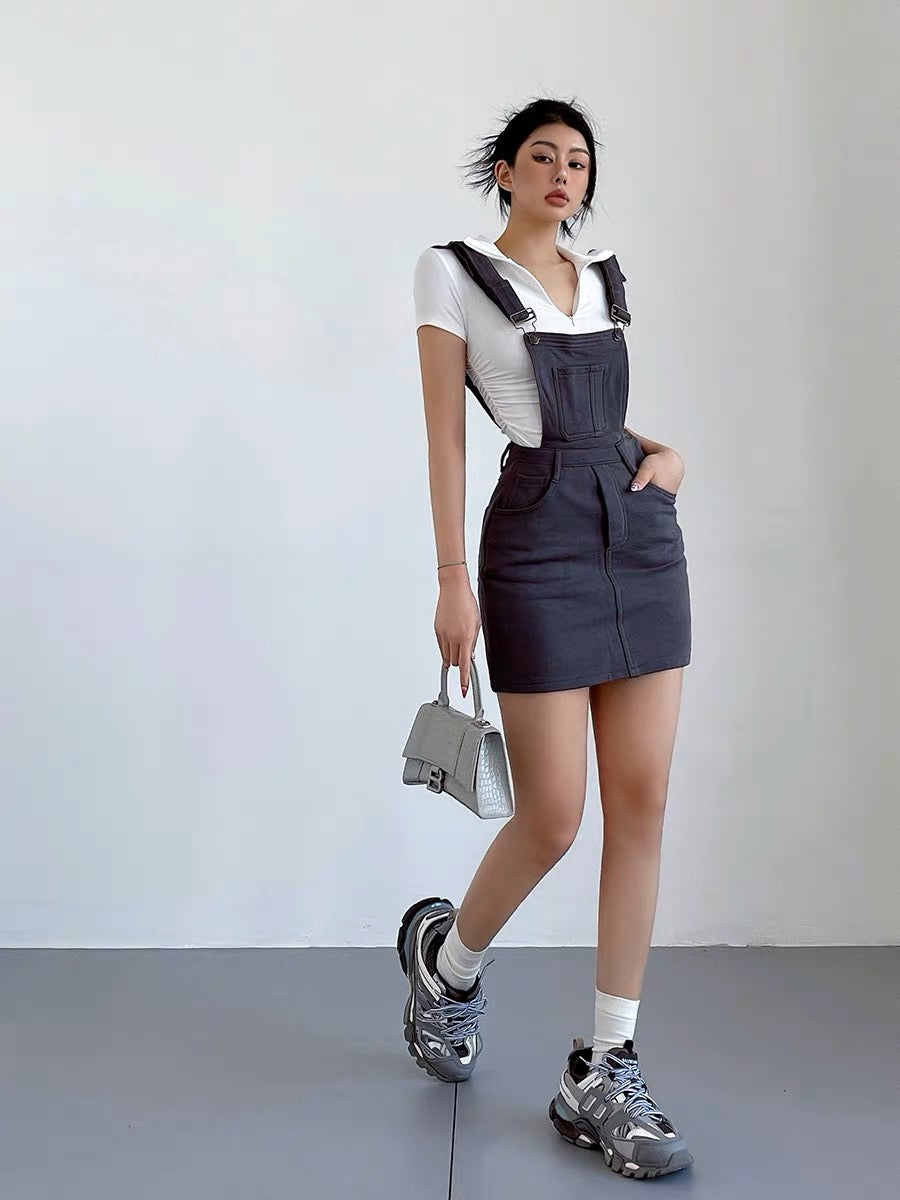 liviahome American retro college style adjustable knitted suspender skirt for women slimming and hip-hugging short skirt (J198)