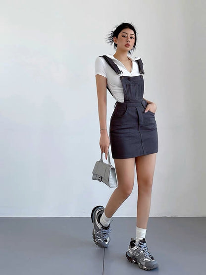 liviahome American retro college style adjustable knitted suspender skirt for women slimming and hip-hugging short skirt (J198)