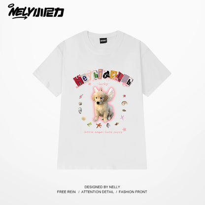 nely little nely cute dog American short-sleeved T-shirt men and women 2024 summer new pure cotton half-sleeved top trend