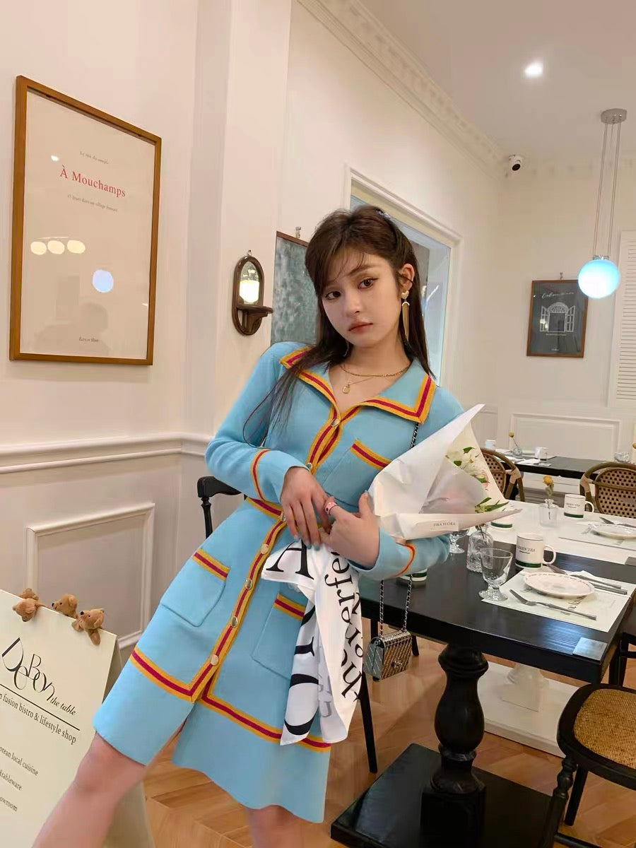 LIN CHAO ZHANG [Barcelona Cupid Dress] Autumn Contrast Color Gold Knitted Embroidered Dress for Women (S2223)