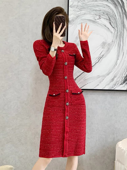 Autumn 2023 new temperament slim knitted dress French retro red western style mid-length hip skirt D7795