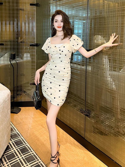 women's short polka dot pleated dress