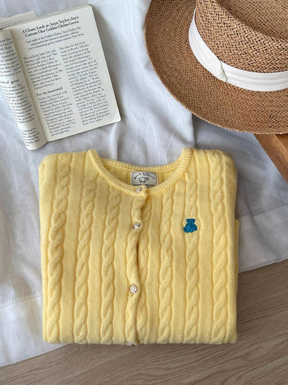 Women's Japanese/Korean-style retro cable-knit cardigan; soft, cozy, and versatile with a round neck and cute bear embroidery—perfect for autumn.