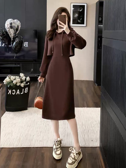 Hooded mid-length sweatshirt dress for women autumn 2023 new waist slimming high-end temperament casual skirt (V6619)