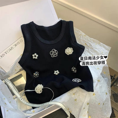 Xiaoxiangfeng heavy industry beaded vest chic sweet and spicy sleeveless top light luxury black knitted suspenders female summer new style