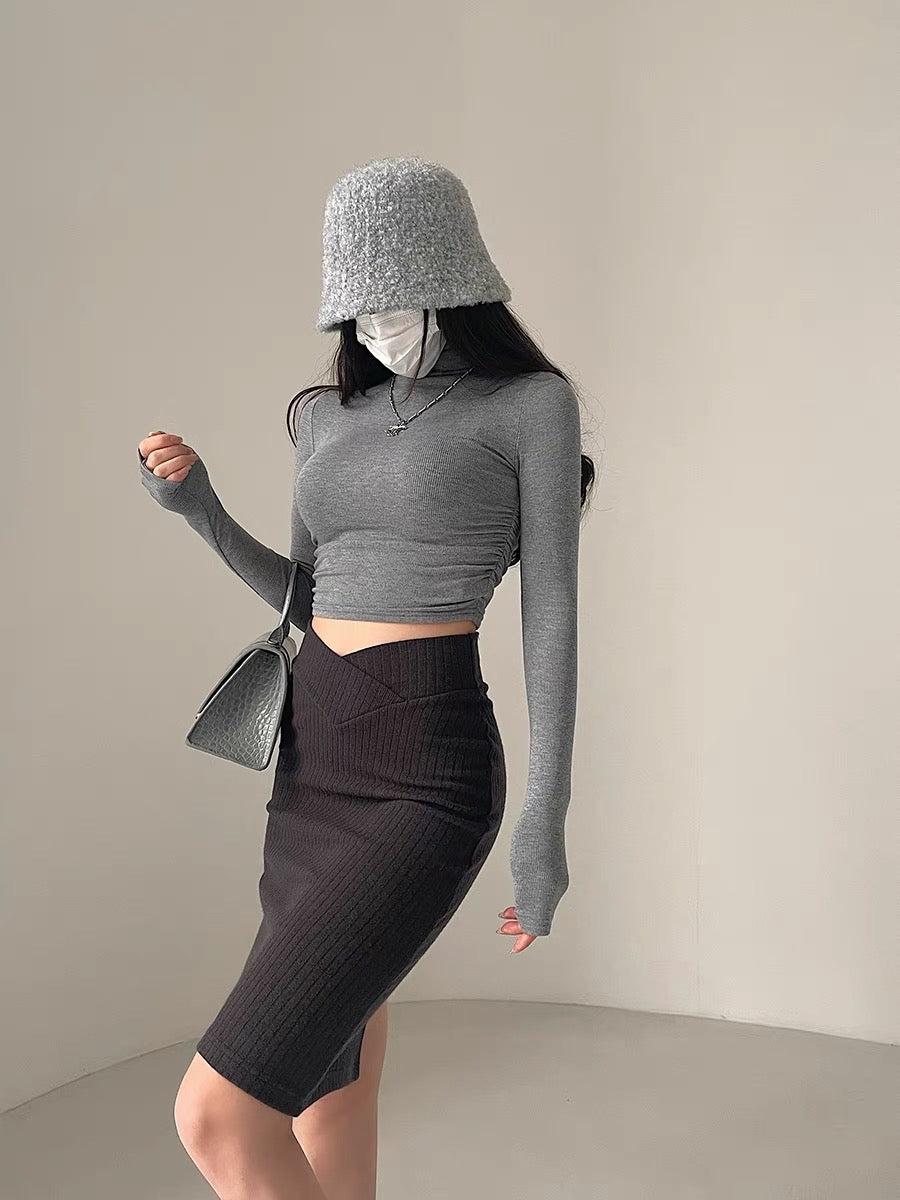 YoungGirlDay European and American high-waisted V-shaped waist slimming solid color back slit hip-covering knitted skirt