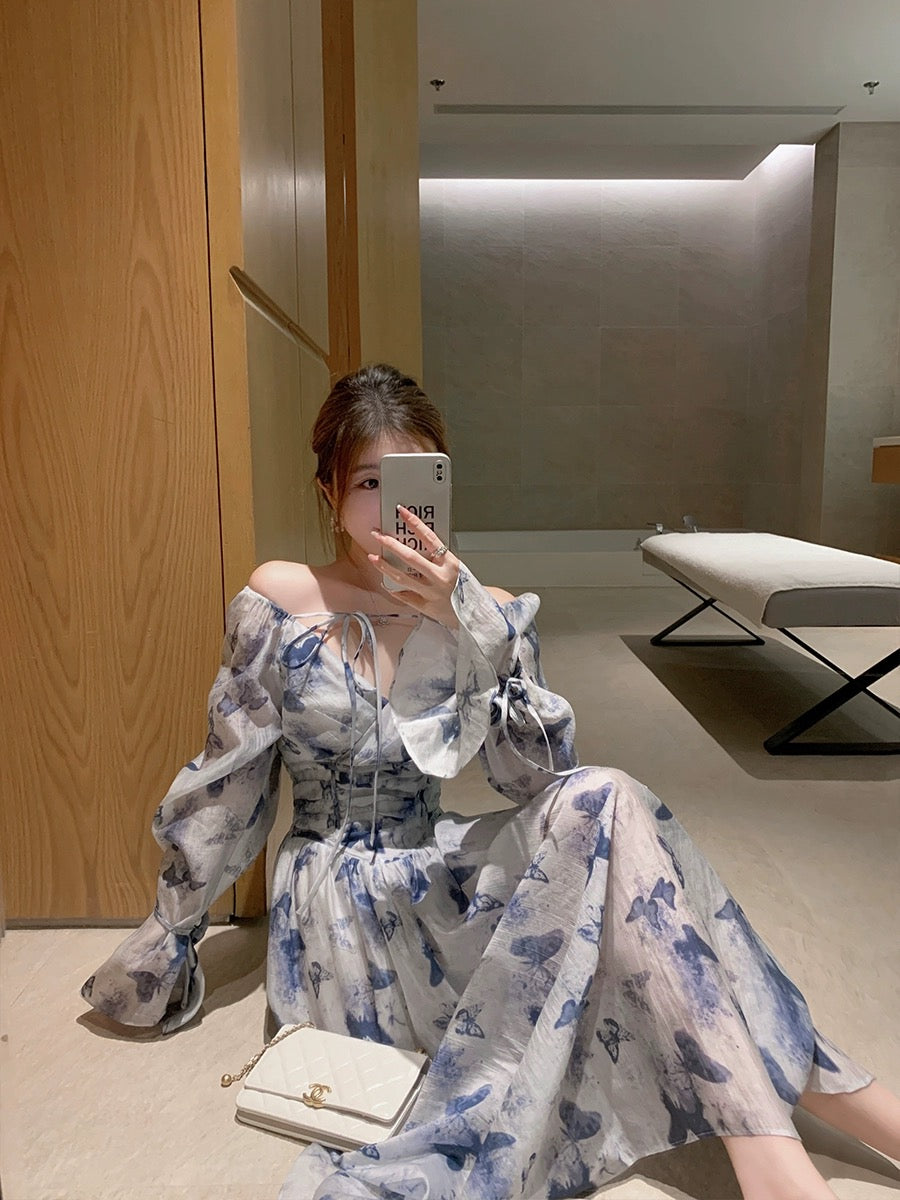 ByYou early spring new temperament tea break French v-neck Tencel blue floral dress waisted lotus leaf sleeve long skirt