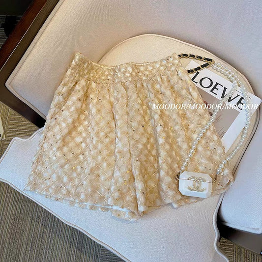 Xiaoxiangfeng sequined wide-leg shorts women's summer 2023 new small elastic waist slim high waist casual A-line pants