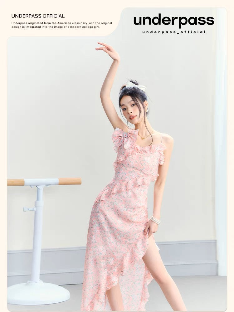 Underpass original design floral slit seaside vacation bow slim long skirt suspender dress