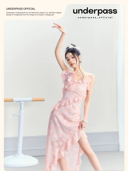 Underpass original design floral slit seaside vacation bow slim long skirt suspender dress