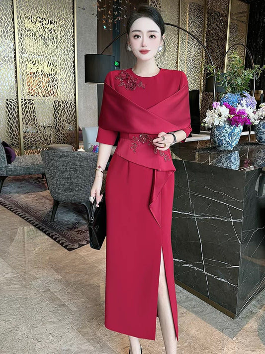 2023 Autumn and Winter Heavy Industry Embroidered Beaded Red Wedding Banquet Red Dress Dress Western Fashion Slim Dress