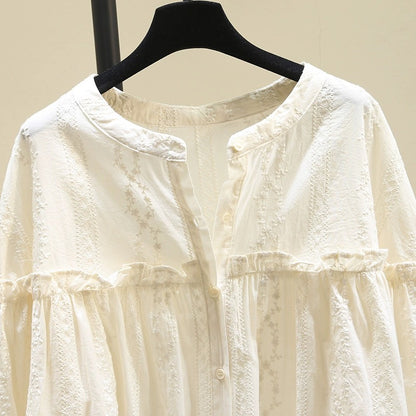 Design round neck ruffled apricot shirt for women 2024 spring new loose long-sleeved shirt tops