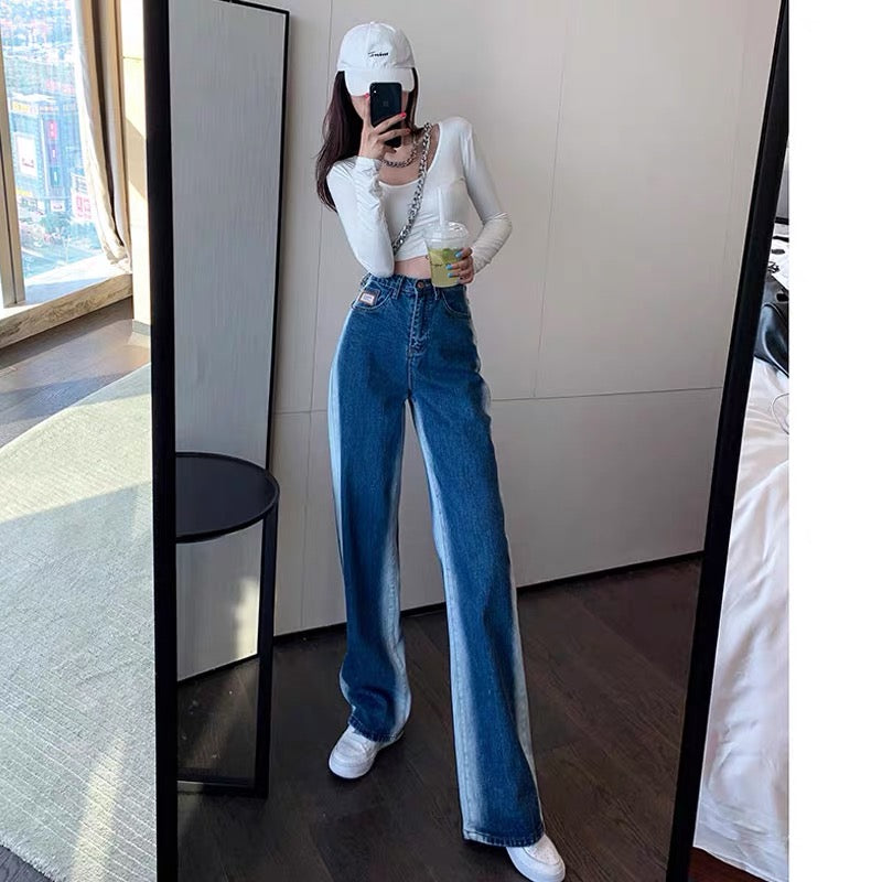 High-waisted slimming wide-leg pants for women in autumn new style personalized washed gradient jeans straight leg slimming casual trousers trend (B2812)