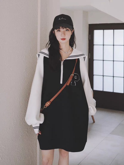 Navy collar sweatshirt dress for women spring mid-length 2023 new small loose sweet college style skirt