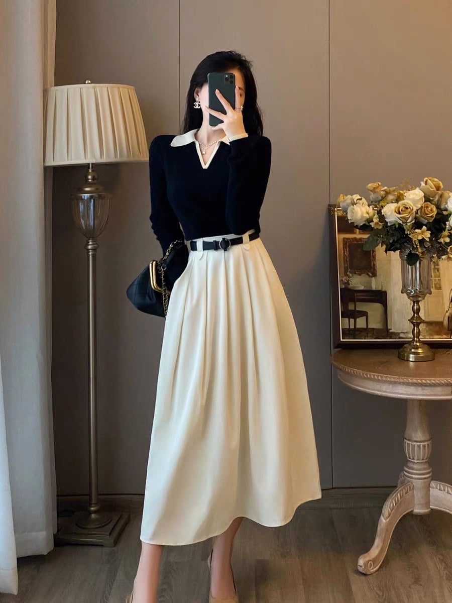 Two-piece suit women's autumn clothes new western style fashionable French retro bottoming velvet dress temperament slim long skirt