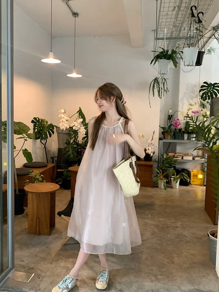 Wu77 Glazed Halter Neck Fairy Suspender Dress Women's Loose Sleeveless Off-the-shoulder Textured Long Dress Birthday Gift Dress Summer