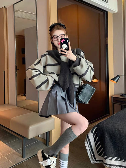 Gray two-piece shawl round neck sweatshirt for women, spring and autumn velvet thickened design niche college style striped top (B6916)