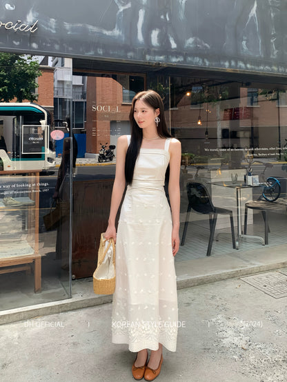 DH OFFICIAL Big Flower [Summer's Foam] Pure White Ripples Off-shoulder Slimming Dress