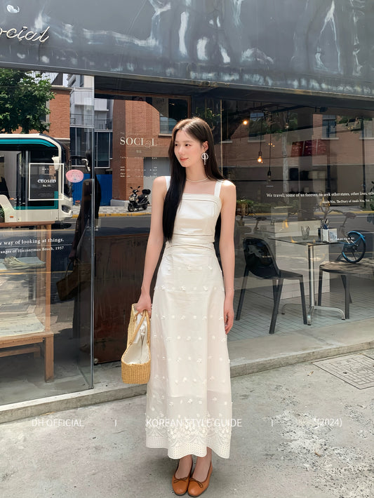DH OFFICIAL Big Flower [Summer's Foam] Pure White Ripples Off-shoulder Slimming Dress