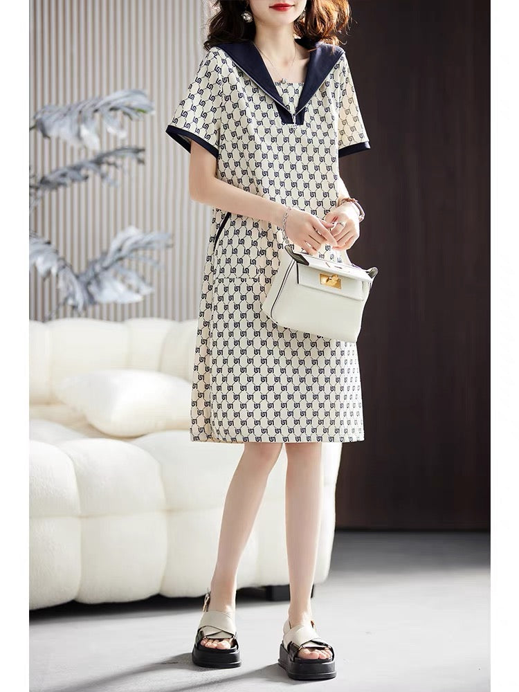 Plain wood large size printed lapel dress for women 2023 summer new mid-length skirt European station age-reducing A-line skirt