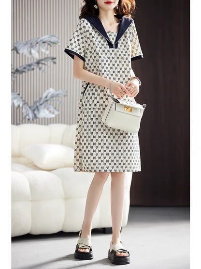 Plain wood large size printed lapel dress for women 2023 summer new mid-length skirt European station age-reducing A-line skirt