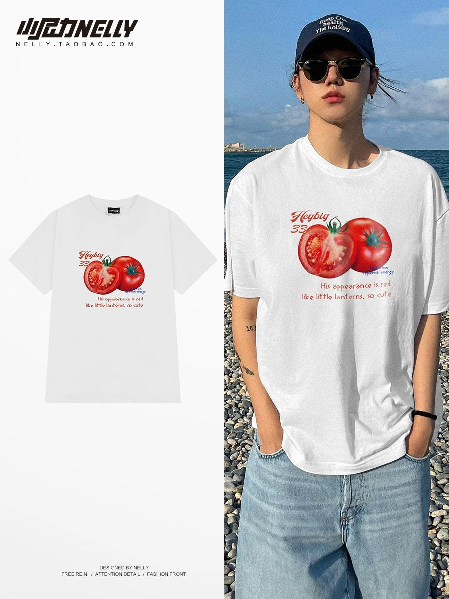 Trendy brand tomato print short-sleeved T-shirt for men and women in summer pure cotton casual loose trendy half-sleeved student versatile T-shirt
