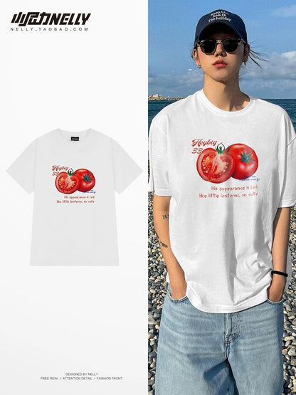 Trendy brand tomato print short-sleeved T-shirt for men and women in summer pure cotton casual loose trendy half-sleeved student versatile T-shirt