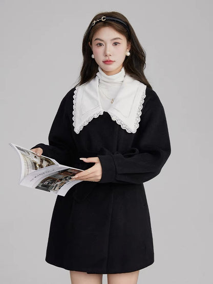Volstagg French black Hepburn style woolen coat for women autumn and winter doll collar woolen coat dress