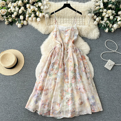 French floral chiffon suspender dress for women summer new high-waist slimming temperament super fairy style holiday long skirt