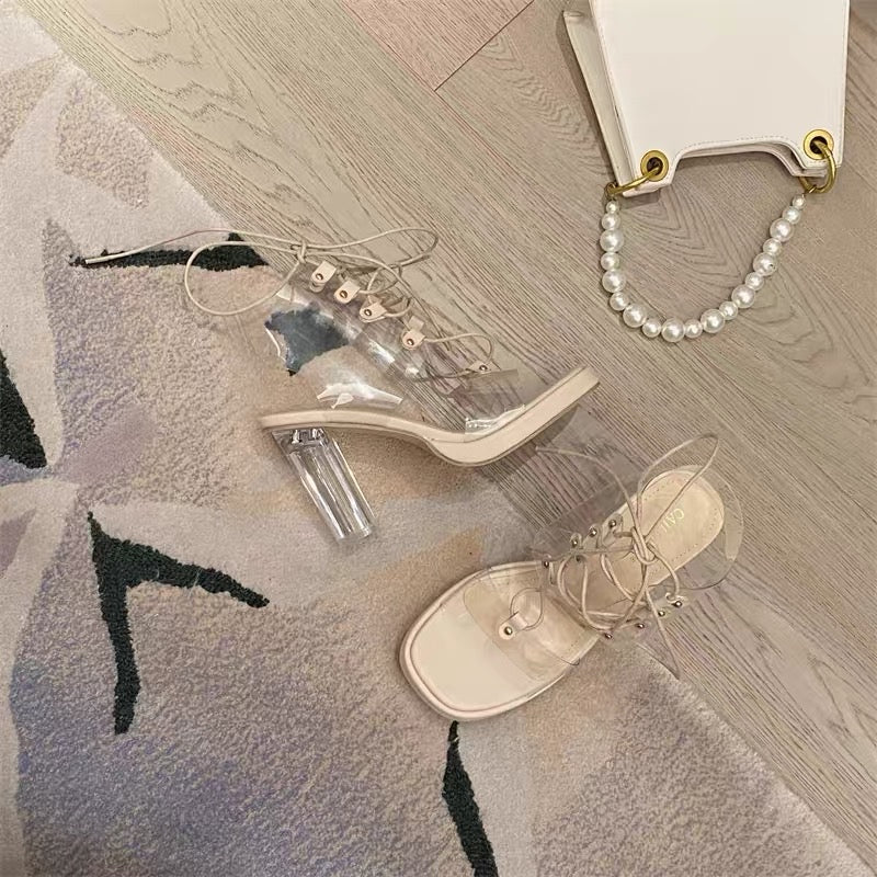 2023 niche hollow cross strap open toe high heels transparent waterproof platform crystal heel medium heel Roman sandals for women